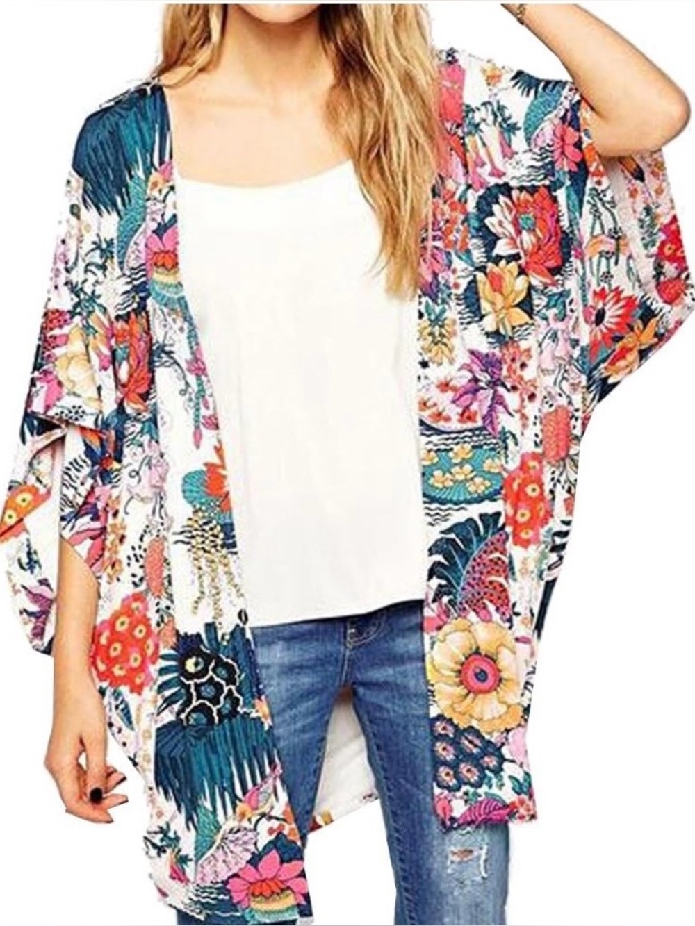🌸Women’s Sheer Chiffon Open-Front Kimono Cardigan. Multicolor Floral Print. XXL!